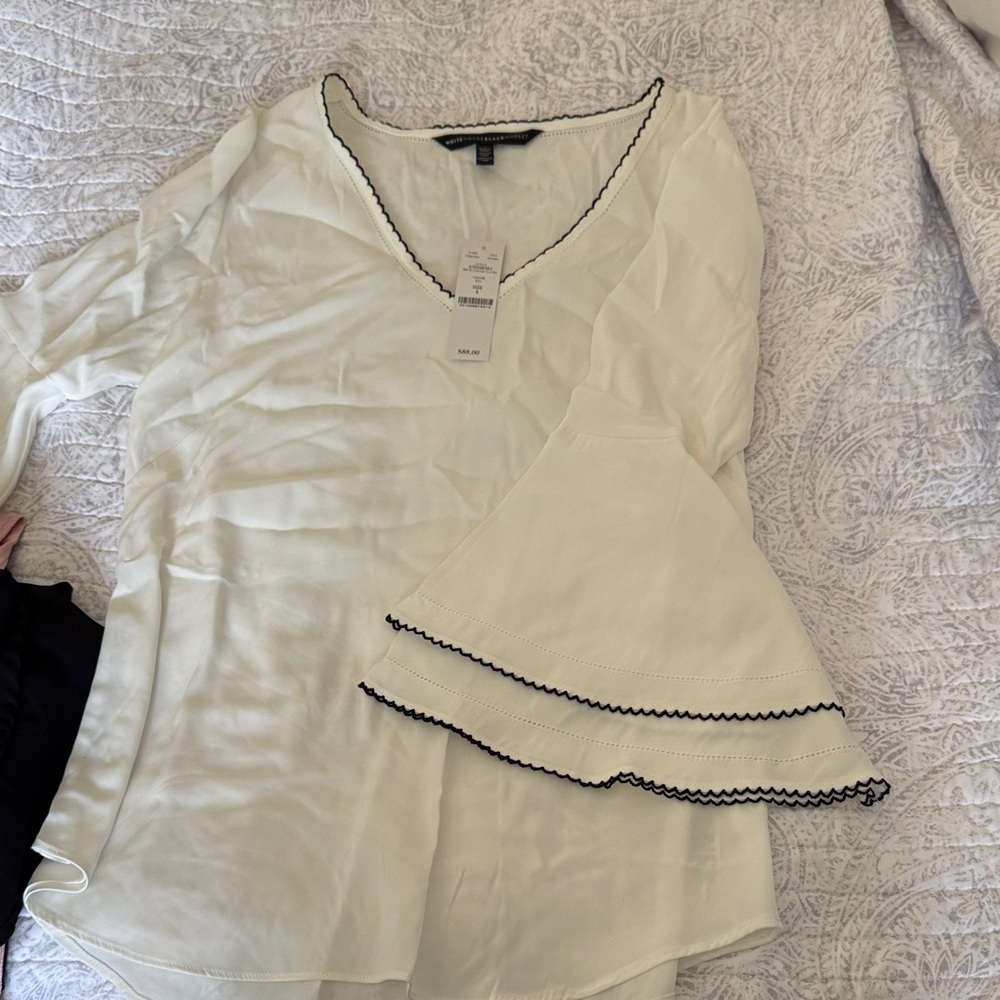 White House Black Market Cream Blouse with Black Trim